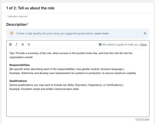 Stellenbeschreibung für LinkedIn: Screenshot des Bereichs zur Bearbeitung des Textes der Stellenbeschreibung.