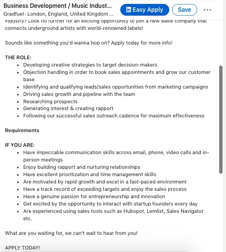 Screenshot eines Beispiels für eine Stellenbeschreibung im Bereich Geschäftsentwicklung auf LinkedIn.