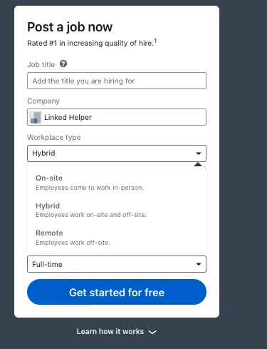 Screenshot des Fensters „Post a job now“ zum Teilen einer Stellenanzeige auf LinkedIn.