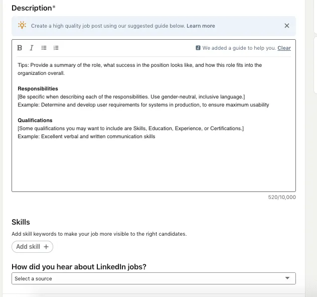 Screenshot des Fensters zum Teilen einer Stellenanzeige auf LinkedIn mit dem Formatierungsbereich für die Anzeige.