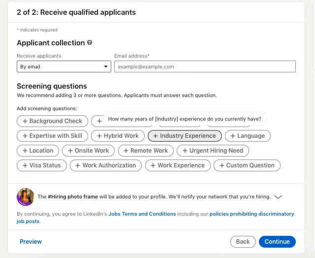 Screenshot des Fensters zum Teilen einer Stellenanzeige auf LinkedIn mit dem Bereich „Receive qualified applicants“.