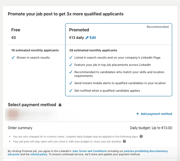Screenshot des Fensters zum Teilen einer Stellenanzeige auf LinkedIn mit der Möglichkeit, für die Hervorhebung der Stellenanzeige zu bezahlen.
