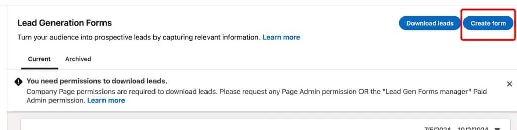 Botón «Create Form» de los formularios de generación de leads de LinkedIn.