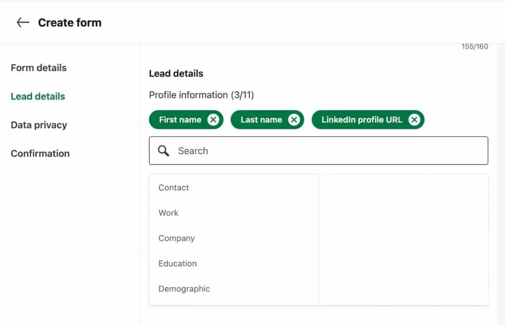 Datos del lead en un formulario de generación de leads de LinkedIn