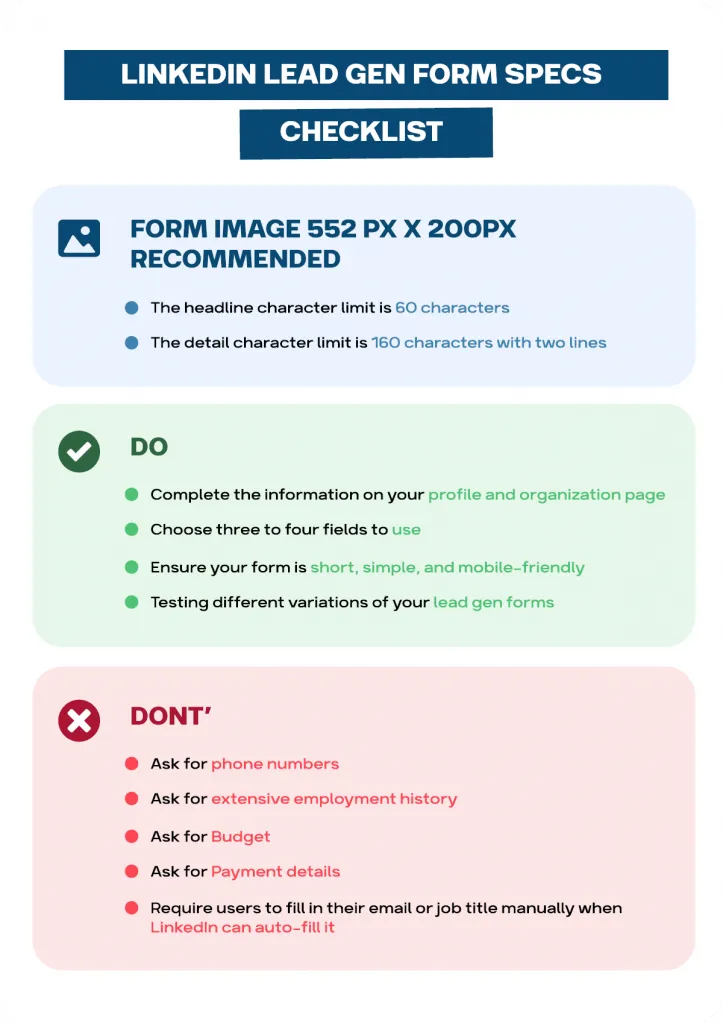 Especificaciones de los formularios de generación de leads de LinkedIn
