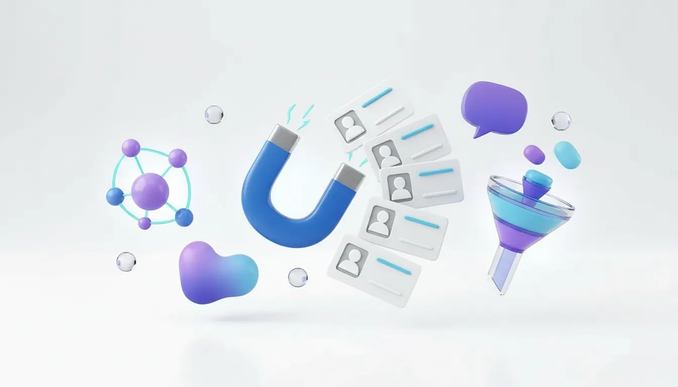 A magnet, profile cards, a funnel, and network nodes representing LinkedIn lead generation.