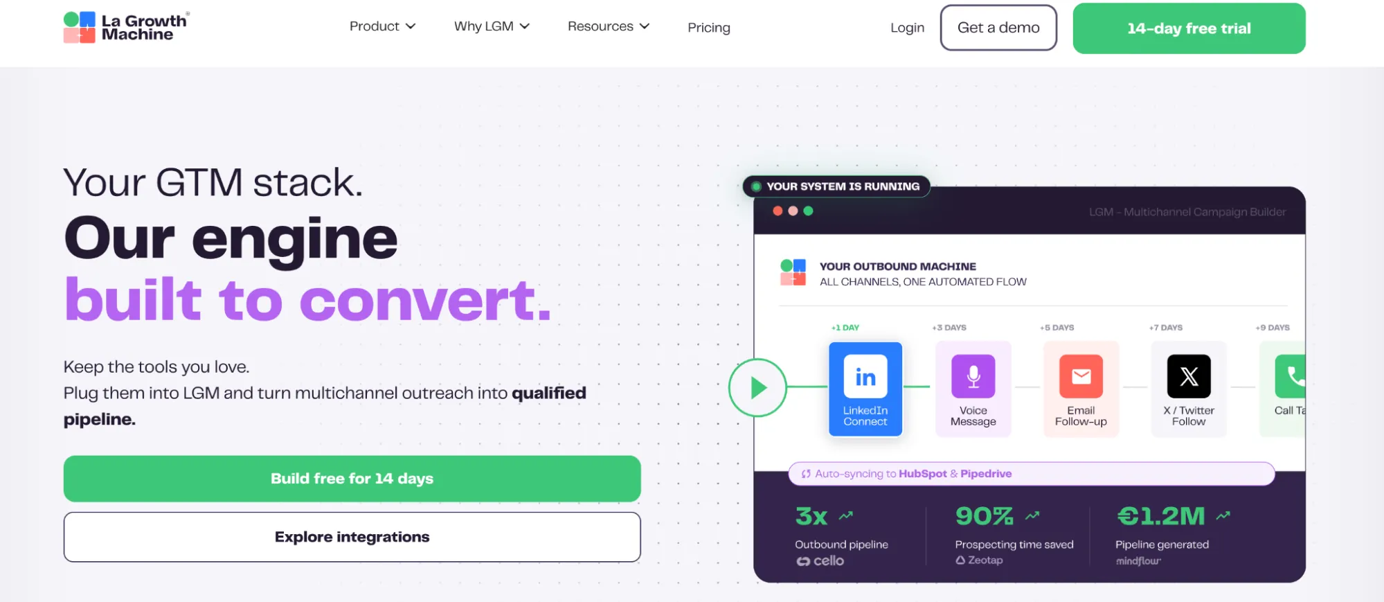 Página inicial da La Growth Machine que apresenta as suas ferramentas de pesquisa de potenciais clientes e de prospeção.