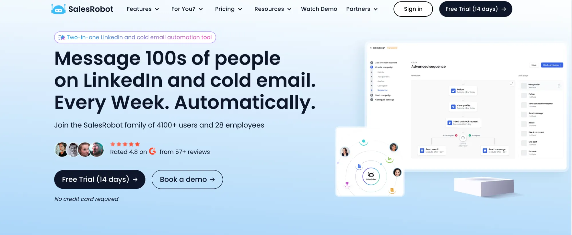 Página inicial do SalesRobot que apresenta as suas ferramentas de pesquisa de potenciais clientes e de prospeção.