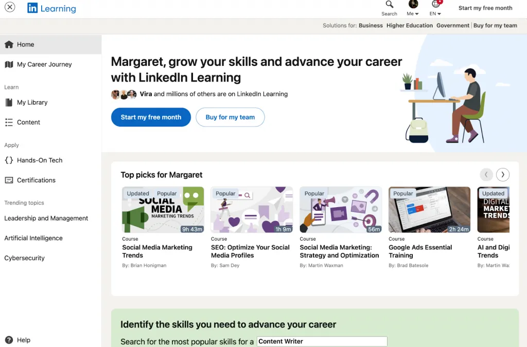 Como funcionam os preços do LinkedIn Learning — menu principal