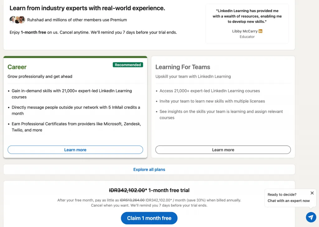 planos — como funcionam os preços do LinkedIn Learning