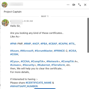Beispiel für eine über die Automatisierung von LinkedIn-Nachrichten versendete Spamnachricht