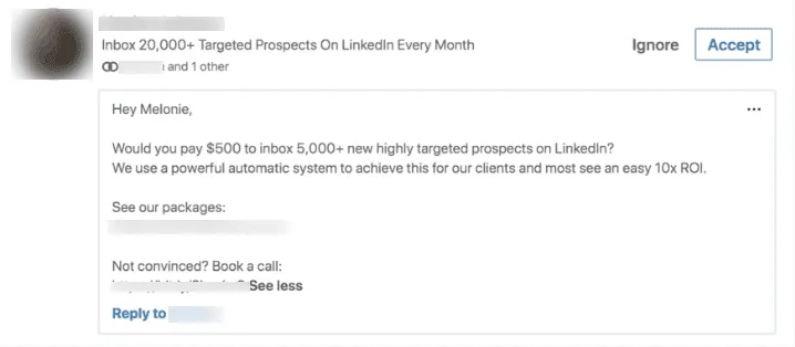 Beispiel für eine LinkedIn-Verkaufsmassennachricht, die als Spam gemeldet werden kann