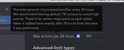 Dashboard im Tool zur Automatisierung von LinkedIn-Nachrichten zum Festlegen der maximalen Aktionen pro 24 Stunden