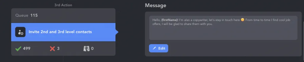 Tool zur Automatisierung von LinkedIn-Nachrichten mit der Aktion „invite 2nd and 3rd level contacts“ und einer Notiz zur Kontaktanfrage