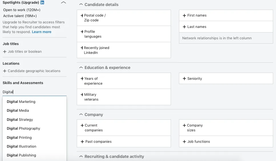Erweiterte Kompetenzfilter in LinkedIn Recruiter zur Suche nach einer Zielgruppe für das LinkedIn-Automatisierungstool