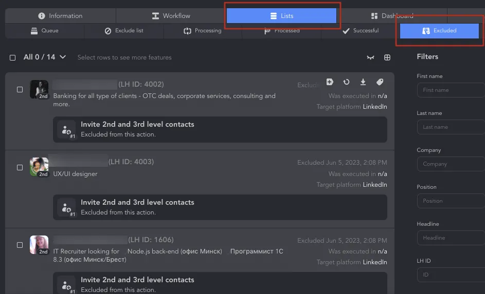 Nachfilterung der Zielgruppe im LinkedIn-Automatisierungstool nach der Erfassung