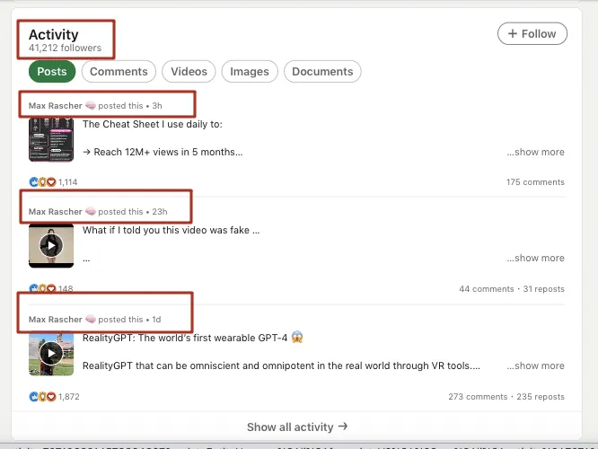 Beispiel für LinkedIn-Beitragsaktivitäten in einem Konto mit 41.212 Followern