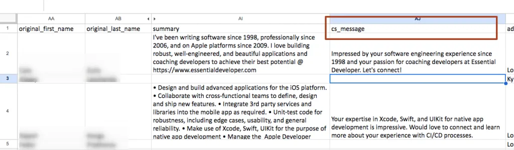 Vorbereitung benutzerdefinierter Variablen mit personalisierten Textbausteinen in einer Excel-Datei für die Automatisierung von LinkedIn-Nachrichten