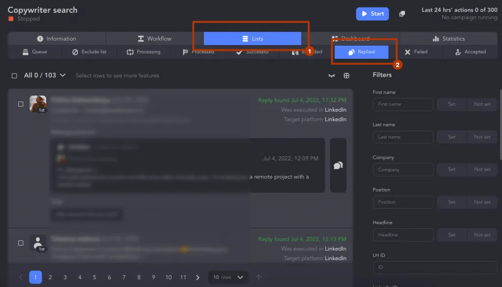 Automatisierte Nachrichten im Bereich „Replied“ der Linked Helper-Listen
