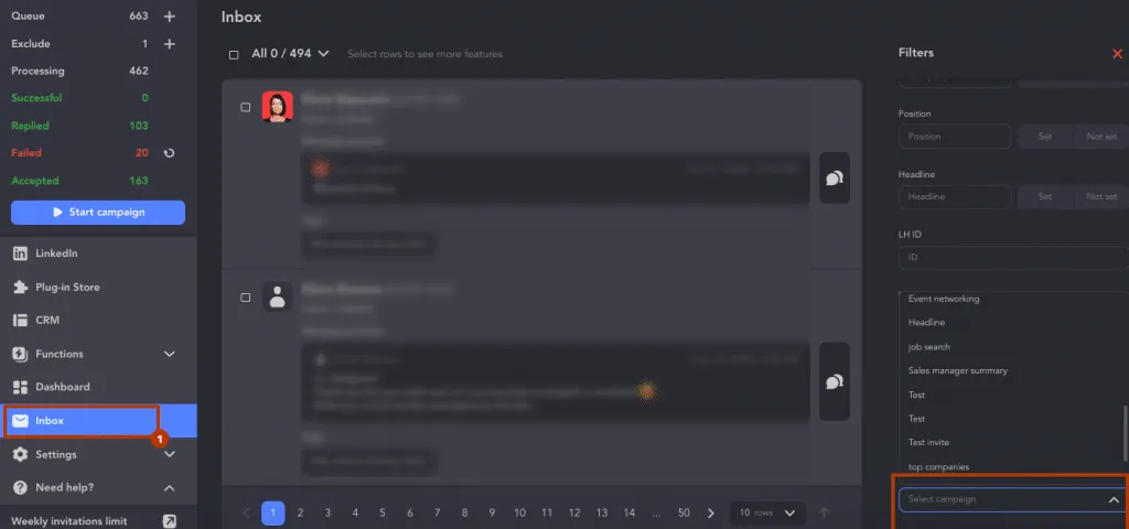 Filterbeispiel für automatisierte Nachrichten in „Linked Helper Inbox“
