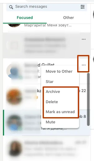 So löschen Sie LinkedIn-Nachrichten über „More“ neben dem gewünschten Chat