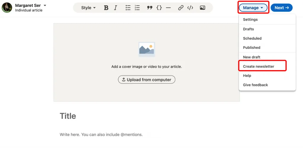 Menú Manage para crear una newsletter en LinkedIn