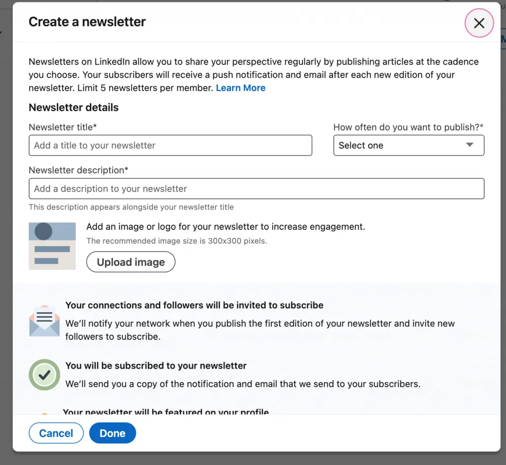 Menú para crear una newsletter en LinkedIn
