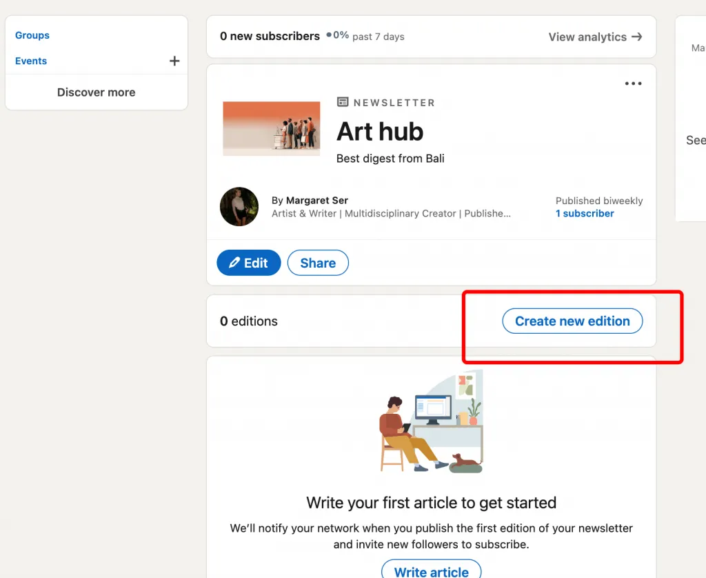 Create new edition para crear una newsletter en LinkedIn
