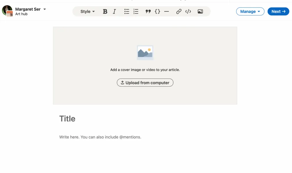 Introducción de texto para crear una newsletter en LinkedIn