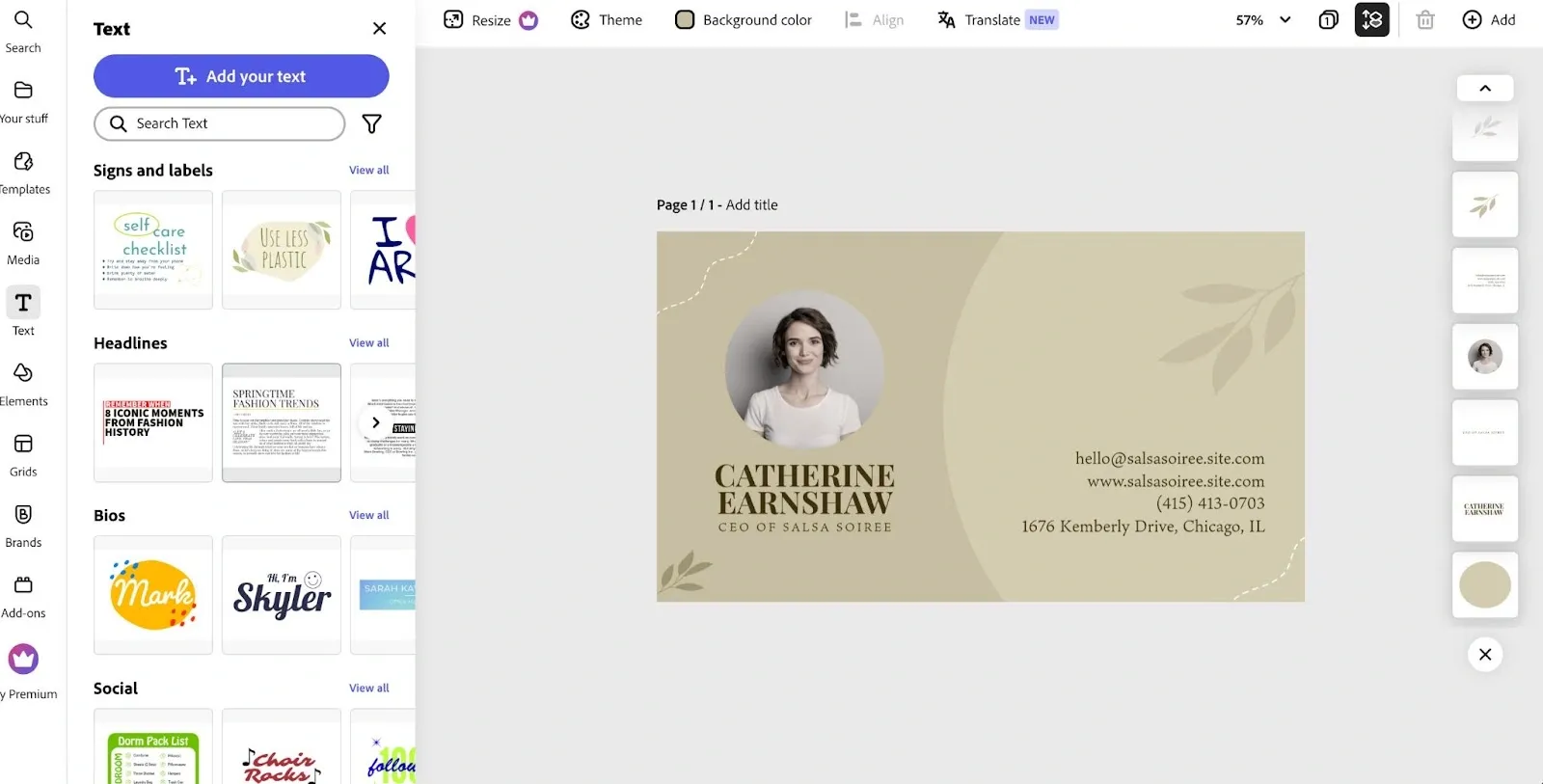Tarjeta de presentación y URL de LinkedIn: captura de pantalla de Adobe Express para crear una tarjeta en línea