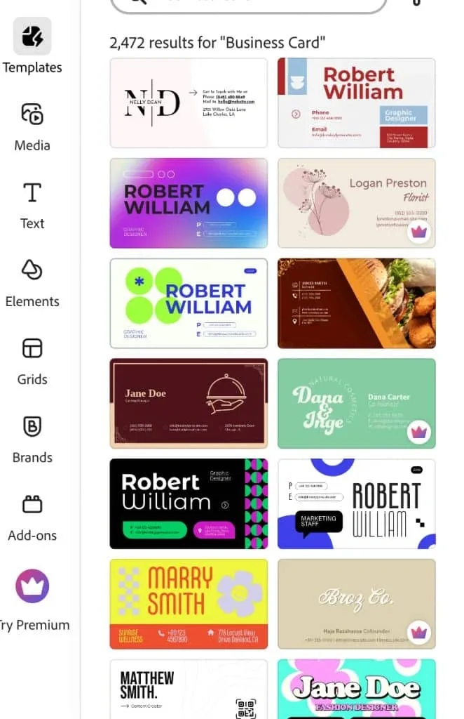 Tarjeta de presentación y URL de LinkedIn: captura de pantalla de las plantillas de Adobe Express para tarjetas de presentación
