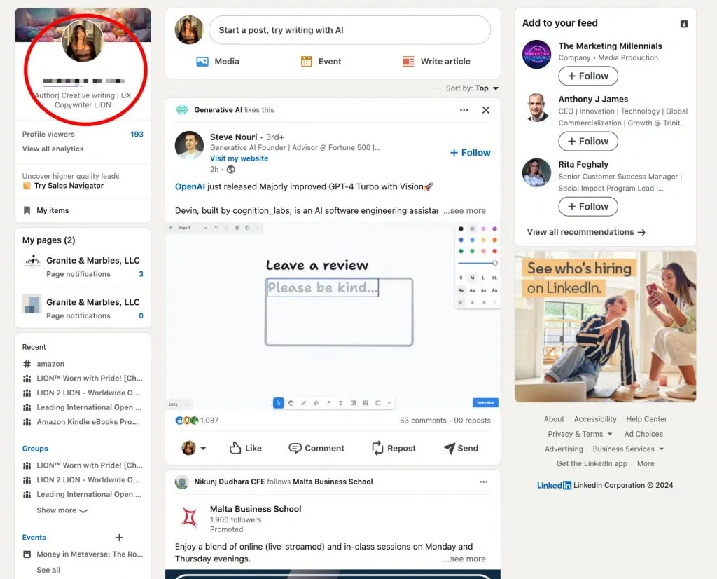 Tarjeta de presentación y URL de LinkedIn: captura de pantalla de la interfaz de LinkedIn para copiar el enlace