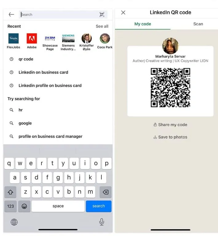 Código QR de LinkedIn para una tarjeta de presentación: capturas de pantalla de la aplicación para encontrar el código único