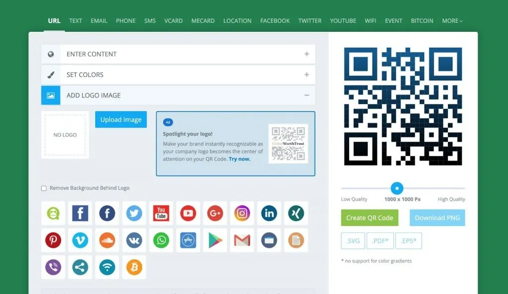 Código QR de LinkedIn para una tarjeta de presentación: capturas de pantalla del servicio QR Code Monkey