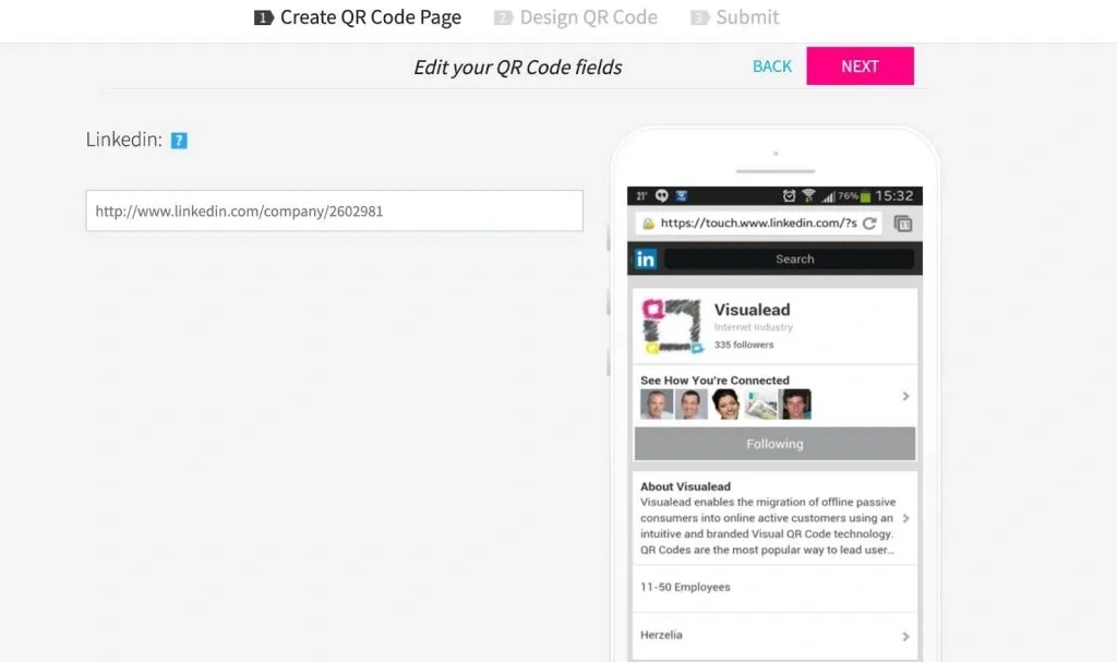 Código QR de LinkedIn para una tarjeta de presentación: capturas de pantalla del servicio Visualead