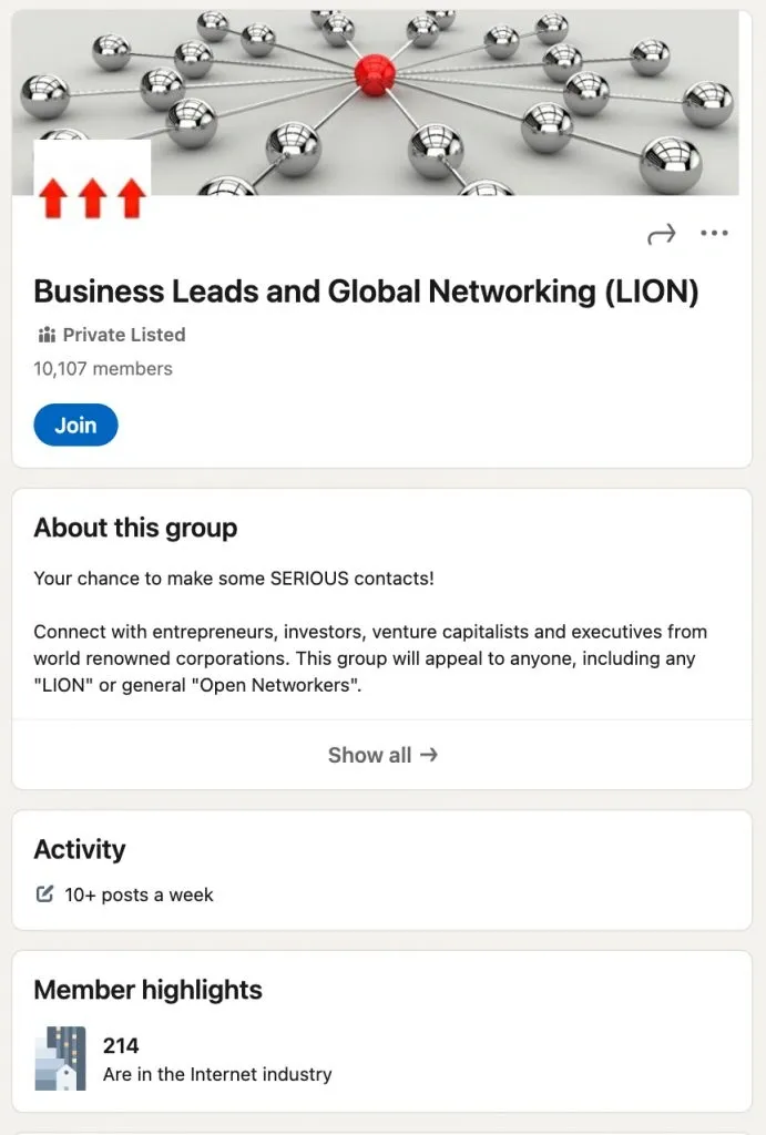 Ejemplo de grupo LION de LinkedIn: Business Leads and Global Networking