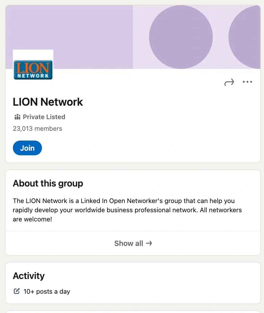 Ejemplo de grupo LION de LinkedIn: LION Network