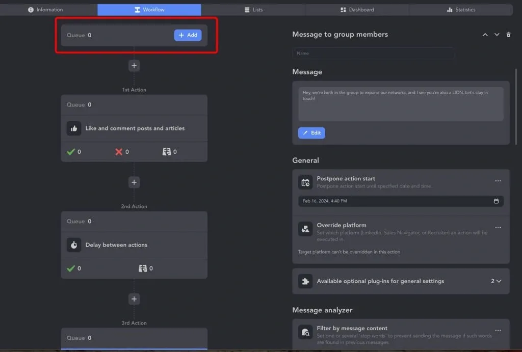 Ejemplo de un embudo para conectar con usuarios LION a través de grupos mediante Linked Helper