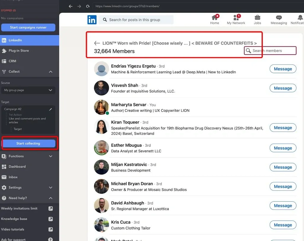 Ejemplo de un embudo para conectar con usuarios LION a través de grupos mediante Linked Helper