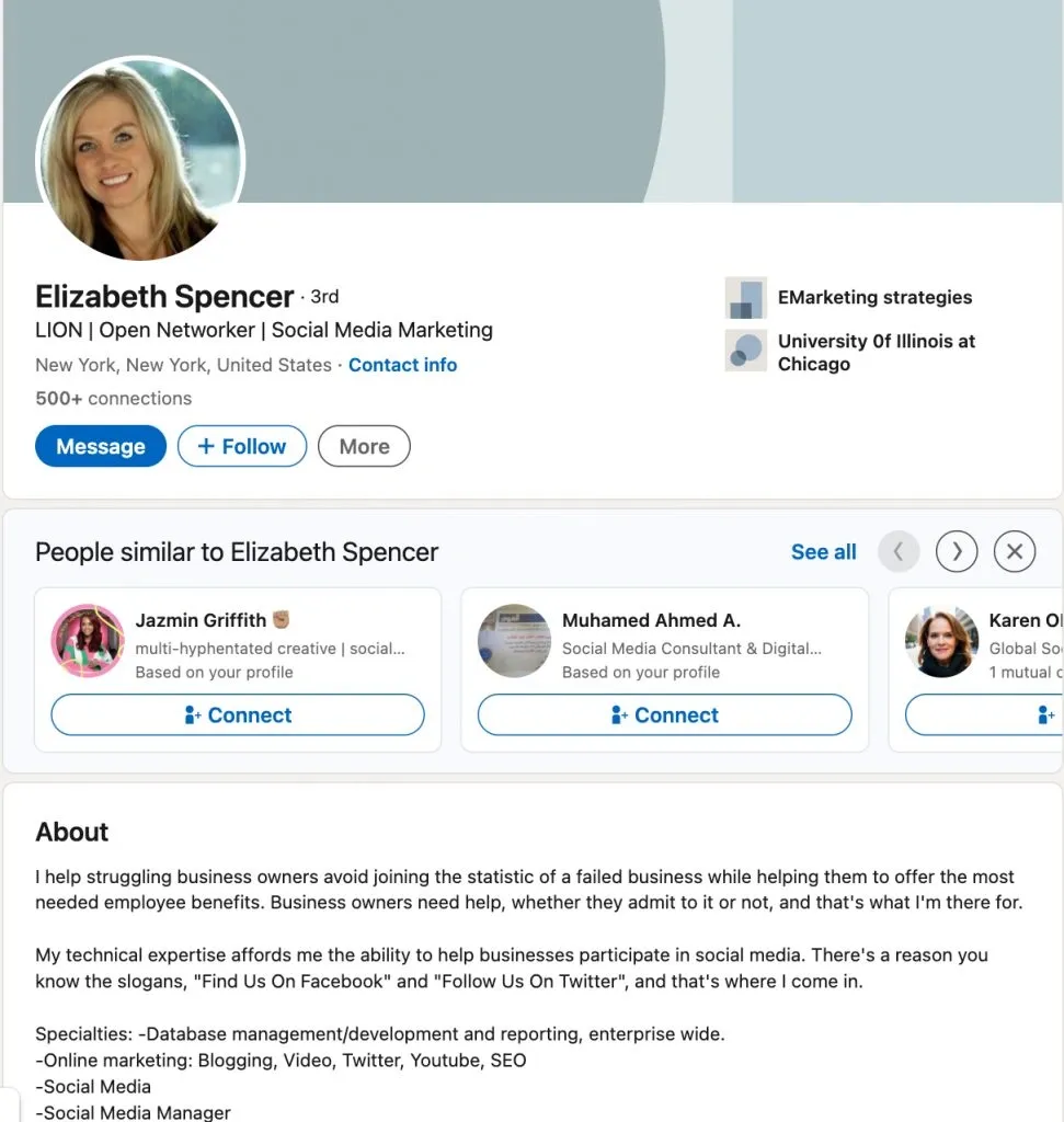 Ejemplo de perfil LION destacado de LinkedIn: cuenta de un gestor de redes sociales
