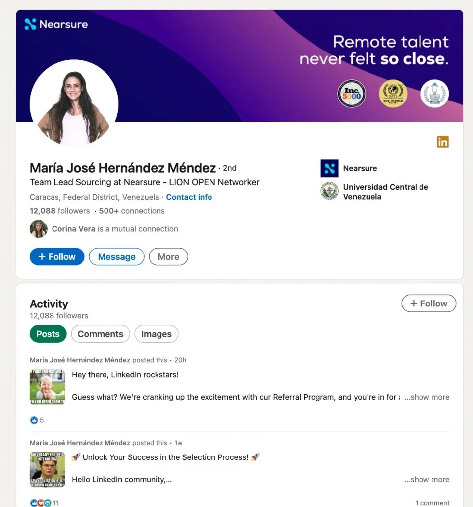 Ejemplo de perfil LION destacado de LinkedIn: cuenta de Recruiter