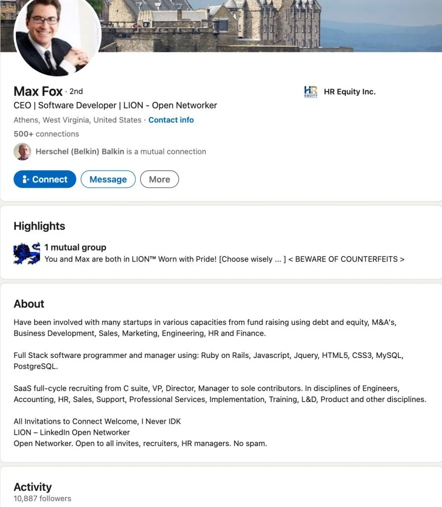Ejemplo de perfil LION destacado de LinkedIn: cuenta de un desarrollador de software