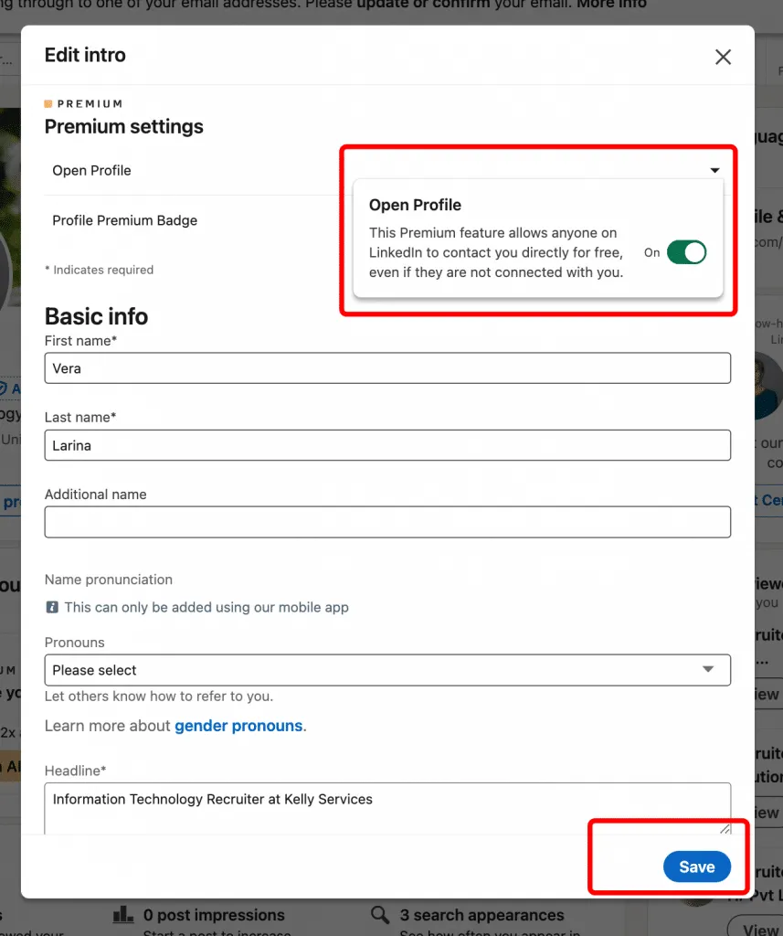 how to enable open profile on linkedin save button