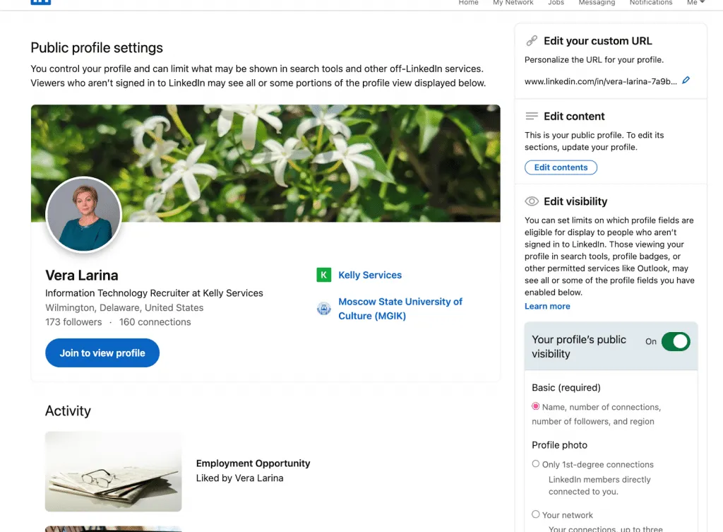 linkedin open profile vs profile visibility settings