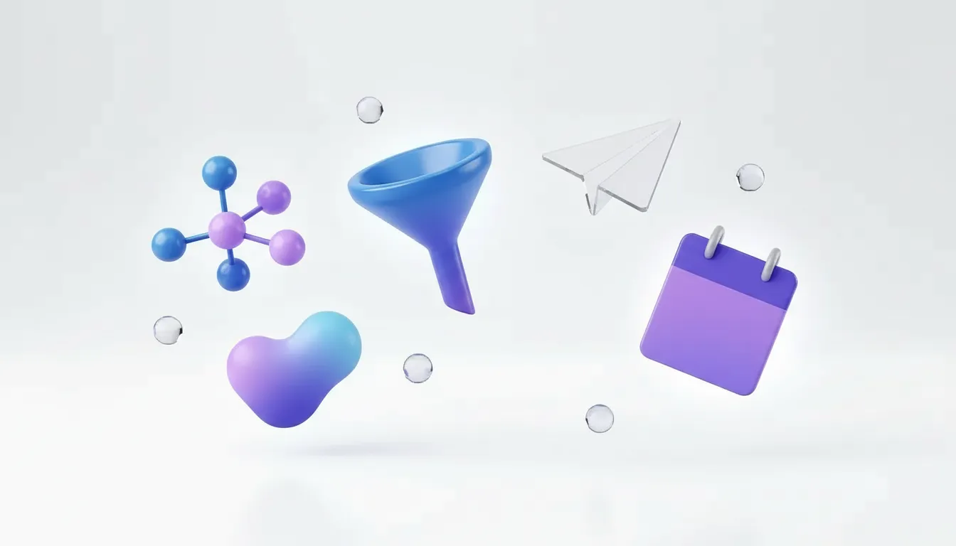 Wordless LinkedIn outreach illustration with connected network spheres, a funnel, a paper plane and a calendar icon.