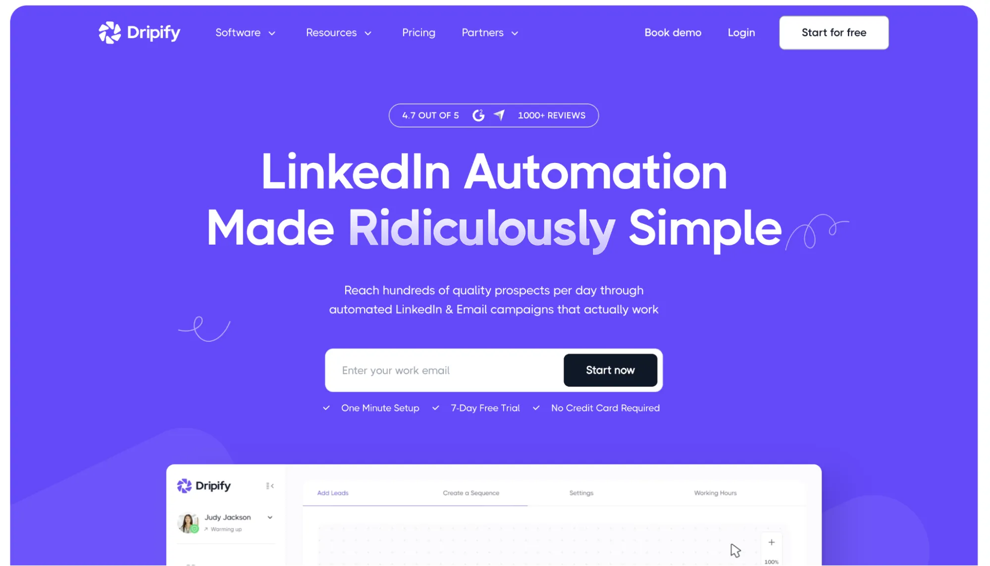 Página inicial do Dripify que apresenta a sua plataforma de automatização da prospeção no LinkedIn.