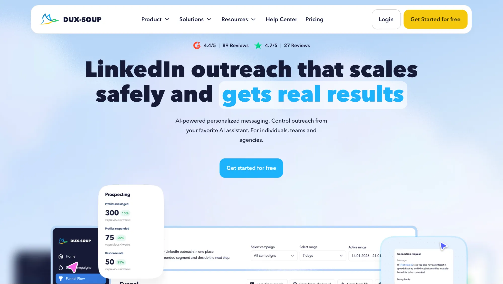 Página inicial do Dux-Soup que apresenta a sua plataforma de automatização da prospeção no LinkedIn.
