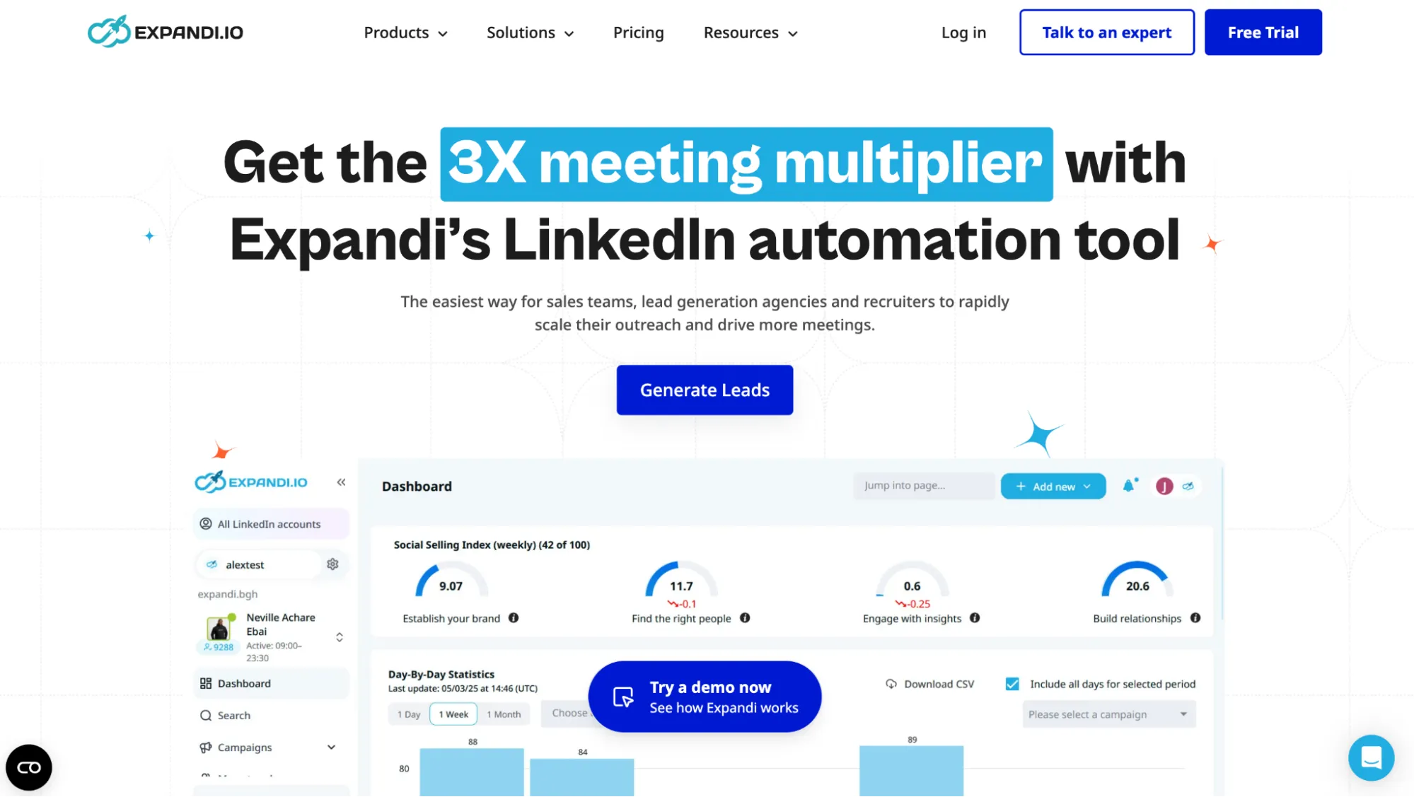 Página inicial do Expandi que apresenta a sua plataforma de automatização da prospeção no LinkedIn.