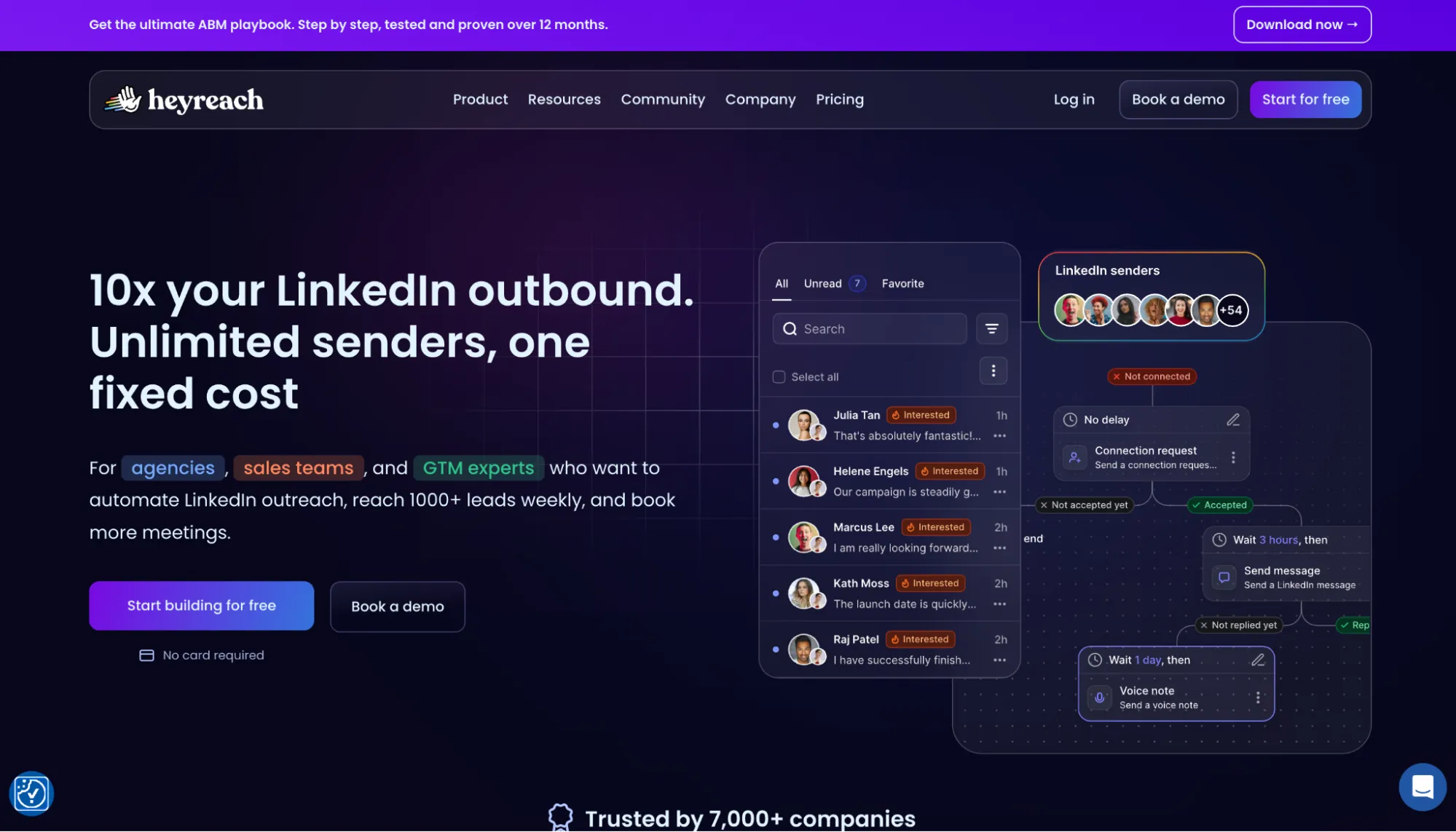 Página inicial do HeyReach que apresenta a sua plataforma de automatização da prospeção no LinkedIn.