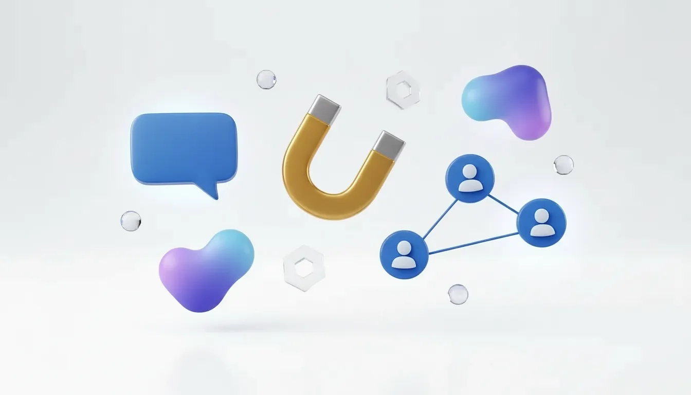 Message bubble, magnet, and connected profiles representing LinkedIn outreach tools.